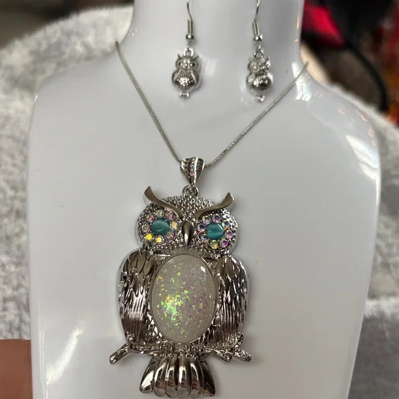 Silver Owl Pendant Necklace and Earring Set - Picture 2 of 7